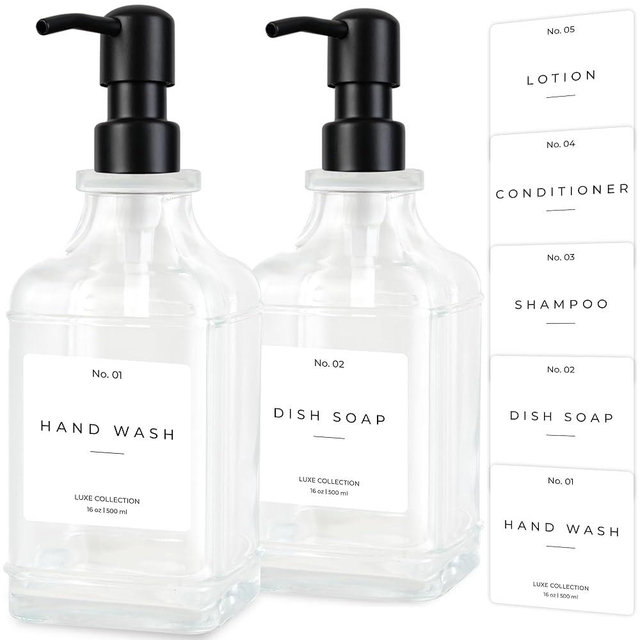 Emerson Essentials Glass Soap Dispenser Set – 16 oz 2-Pack – Refillable Dish & Hand Soap Dispensers for Kitchen or Bathroom – Stainless Steel Pump & 5 Waterproof Labels