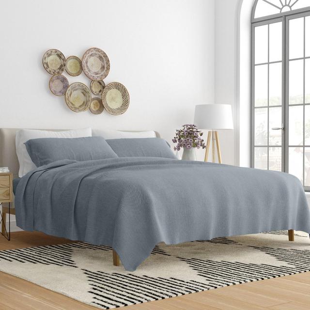 Linen Blend Premium Luxury Solid 4PC Bed Sheets Set - Becky Cameron, Light Blue, King