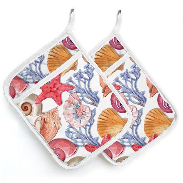 Beach Theme Heat Resistant Pot Holders Set of 2, Shell Starfish Oven Mitts with Pockets for Kitchen, Oven Gloves Hot Pads for Cooking Baking Grilling, Kitchen Gift Ideas for Women, Mom, New Home