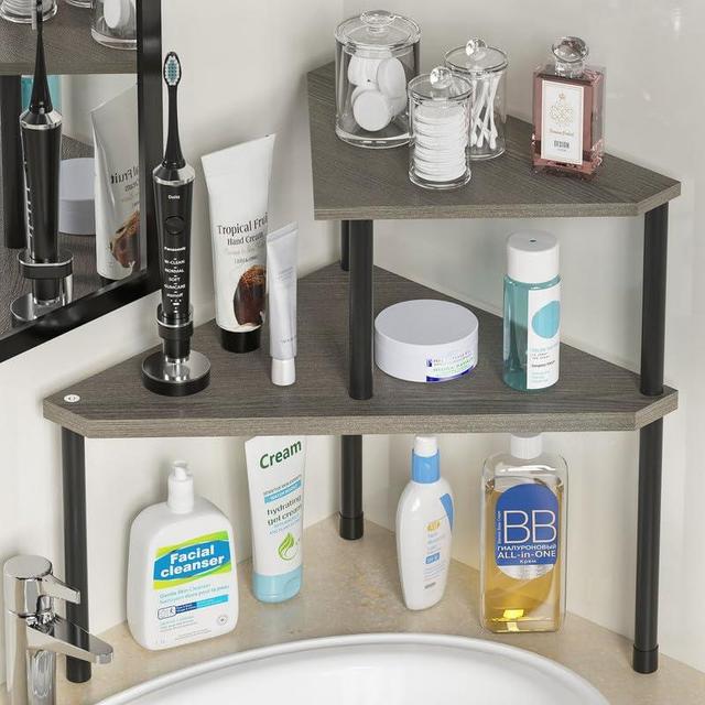 Weenson Bathroom Counter Organizer, Bathroom Sink Organizer for Makeup, 2 Tier Bathroom Organizer Countertop for Toiletries, Corner Shelf Kitchen Countertop Organizer for Spice Rack (Rustic Grey)