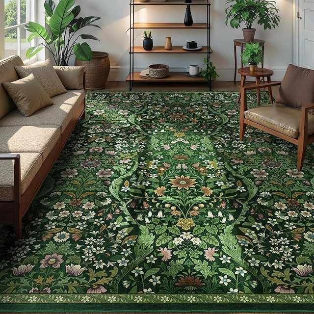 9x12 Dark Green Vintage Floral Area Rug,Washable Large Boho Living Room Rugs,Botanical Print Non-Slip Stain Resistant Lightweight Carpet for Bedroom Dining Room Nursery