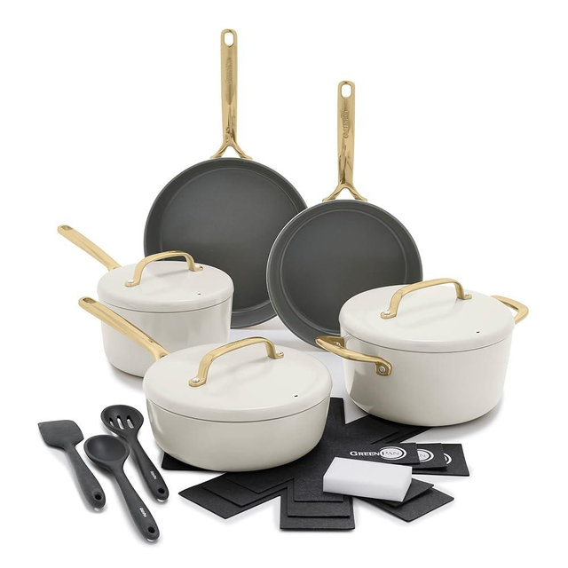 GreenPan GP5 14 Piece Cookware Pots and Pans Set, Hard Anodized Healthy Ceramic Nonstick PFAS-Free, Champagne Handles, Heavy Gauge, Stay-Flat Surface, Induction, Dishwasher and Oven Safe, Cream