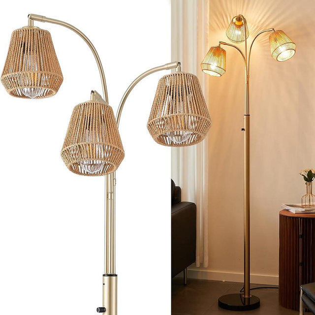GHCKER Gold Rattan Floor Lamp for Living Room, 72 Inch Tall Boho Floor Lamp with Rotary Switch, 3 Lights Arc Lamp with Wicker Shade for Coastal,Bohemian,Modern,Tree Farmhouse Standing Lamp