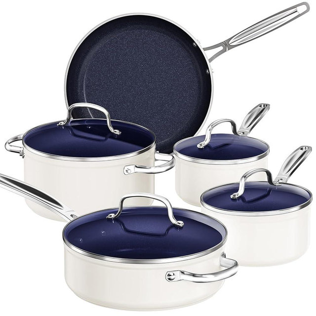 Nuwave 9pc Cookware Set Healthy Duralon Blue Ceramic Nonstick Coated, Diamond Infused Scratch-Resistant, PFAS Free, Oven Safe, Induction Ready & Evenly Heats, Tempered Glass Lids & Stay-Cool Handle