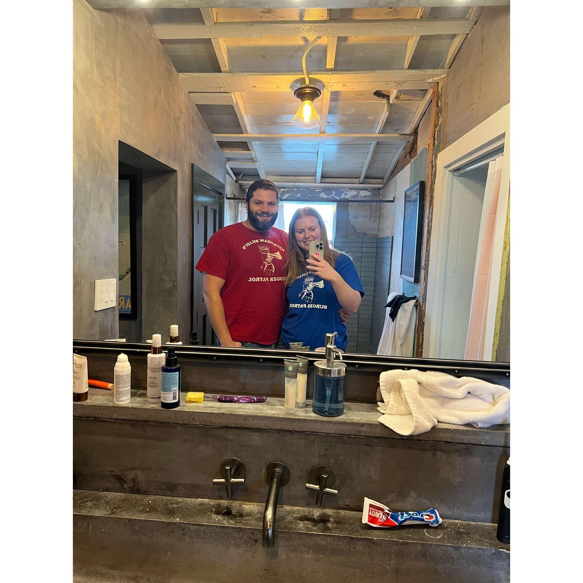Matching Rickshaw Billie's Burger Patrol shirts, our favorite Austin band