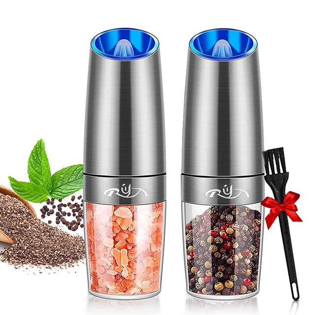 Gravity Salt and Pepper Mill Set, Pepper Grinder with Ceramic Rotor, Acrylic Container,Stainless Steel Middle, Blue LED Light,Battery Powered, Adjustable Coarseness,One Hand Use,Sliver, By Rongyuxuan