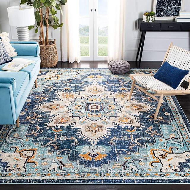 SAFAVIEH Madison Collection MAD473M Boho Chic Medallion Distressed Non-Shedding Living Room Bedroom Dining Home Office Area Rug, 6' x 9', Blue / Light Blue
