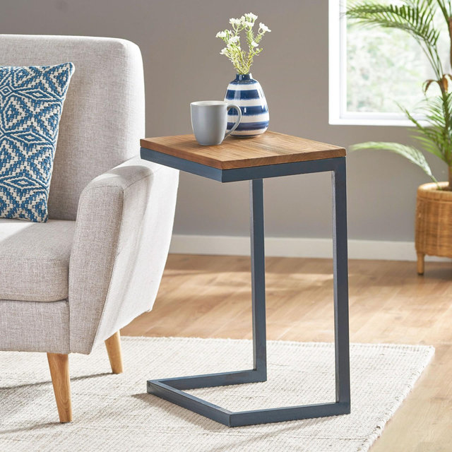 GDFStudio Cassie Indoor Fir Wood and Iron C Shaped Side Table, Large, Antique Natural/Black with Blue