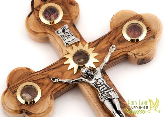 7" Olive Wood Cross Wall Hanging Crucifix with 5 Glasses filled with Holy Relics - Hand Carved in the Holy Land - Crosses for Wall Décor