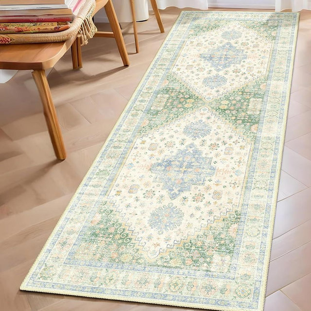 MUJOO Washable Runner Rug,2x6 Runners for Kitchen Bathroom Hallway Bedroom Entryway Laundry,Non Slip Long Mat Indoor,Boho Throw Carpet Low Pile Light Green and Blue