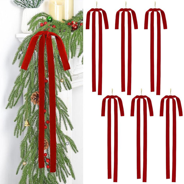 UXORSN 6PCS Red Velvet Bows for Christmas Tree 24 Inch Rustic Large Velvet Christmas Staircase Wreath Bows Xmas Tree Topper Bows Long Ribbon Bow Holiday Ornaments Garland Wedding Party Xmas Decoration