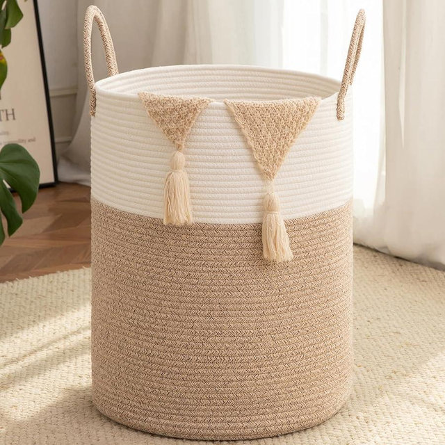 OIAHOMY Large Laundry Basket Hamper - 100L Cotton Rope Woven Basket for Blankets, Toys, Clothes - Tall Decorative Nursery Hamper with Long Handles, Brown/White