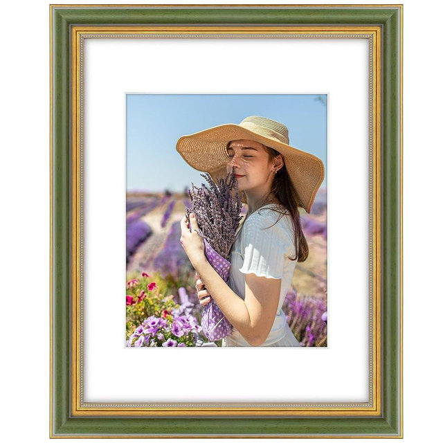 Golden State Art,11x14 Ornate Picture Frame for 8x10 Photo with Mat or 11x14 Prints Without Mat, Real Glass Wall Display Horizontally or Vertically (Color:Green Gold)