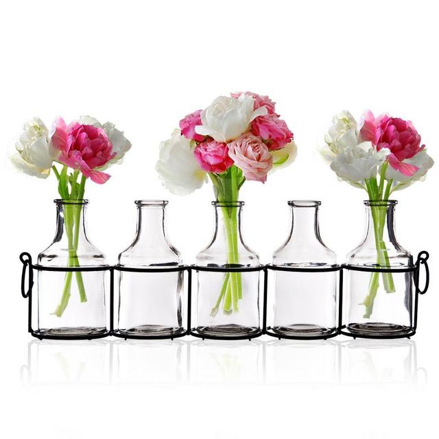 Emenest Small Glass Bud Vases for Flowers in Black Metal Rack Stand, Window-Sill Display Set of 5 Crystal Clear Flower Vase, Decorative Centerpiece for Home or Wedding