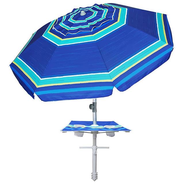 AMMSUN 7ft Heavy Duty High Wind Beach Umbrella with sand anchor,Integrated Table & Tilt Sun Shelter, UV 50+ Protection Portable Outdoor Umbrella with Carry Bag for Patio Garden Beach Pool Backyard Stripe Blue