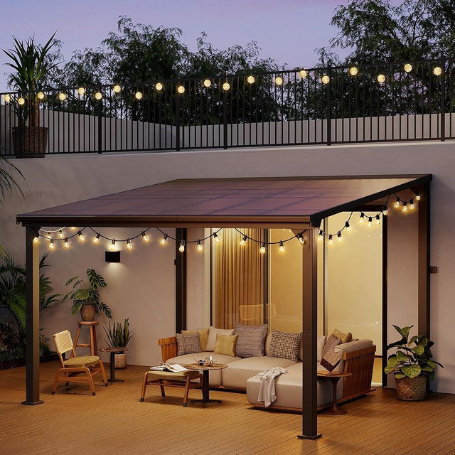 Pamapic 10 * 12FT Wall Mounted Gazebo,4*4 Inch Thickened Pillars & Enlarged Base,Outdoor Hardtop Lean to Pergola,UV Resistant Polycarbonate Roof,Aluminum Frame Pergola,Outdoor Patio Awnings for Lawn