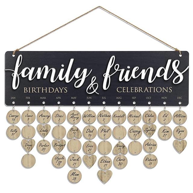 Product Elevations Family Birthday Plaque with Tags-Wooden Calendar Wall Hanging-Birthday Reminders for Family and Friends- 50 Hearts and 50 Round Discs- Sentimental Gifts for Parents Anniversary