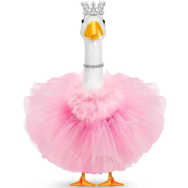 Locmeo 4 Pcs Princess Porch Goose Outfit for 23" 17" Cement Lawn Goose Costume Crown Necklace Tutu Skirt Feather Trim for Princess Outdoor Garden Lawn Art Decor(Pink)