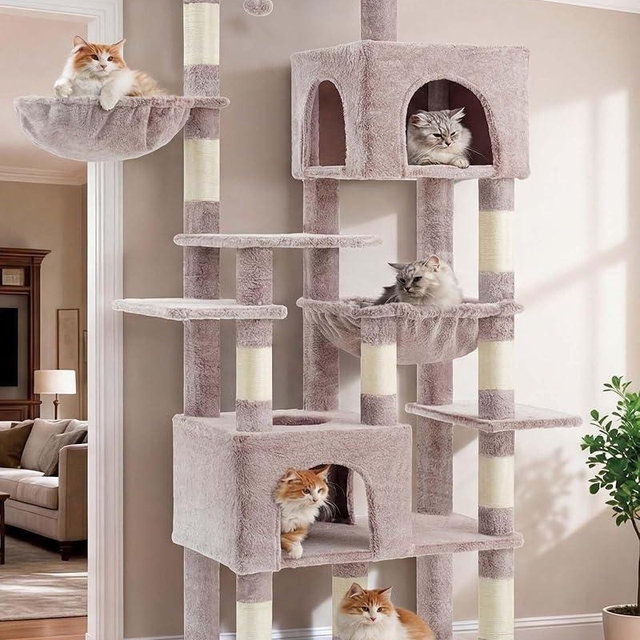 Heybly Cat Tree, 76-Inch Tall Heavy Duty Cat Tower for Big Cats with Extra Wide Baseboard, Multi-Level Large Cat Furniture with 2 Condos & 2 Hammocks, 10 Scratching Posts, Muchroom HCT039MU