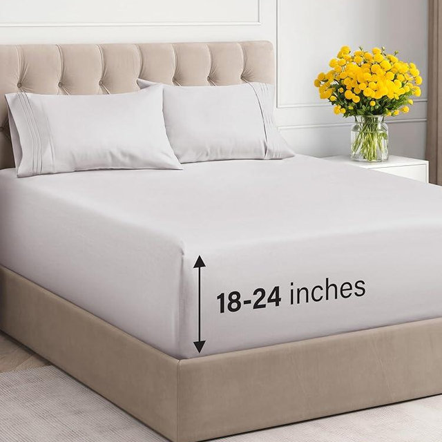 Extra Deep Pocket Queen Sheets - 4 Piece Breathable & Cooling Bed Sheets - Hotel Luxury Bed Sheet Set - Soft, Wrinkle Free & Comfy - Easily Fits Extra Deep Mattresses - Deep Pocket French Grey Sheets