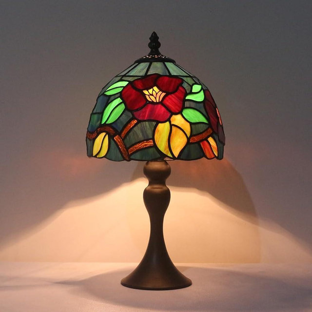 TFNTCYG Tiffany Table Lamp,8 Inch Stained Glass Table Lamp,Small Antique Style Lamp,Living Room Bedroom Bedside Nightstand Desk Lamp(Crabapple Blossom)