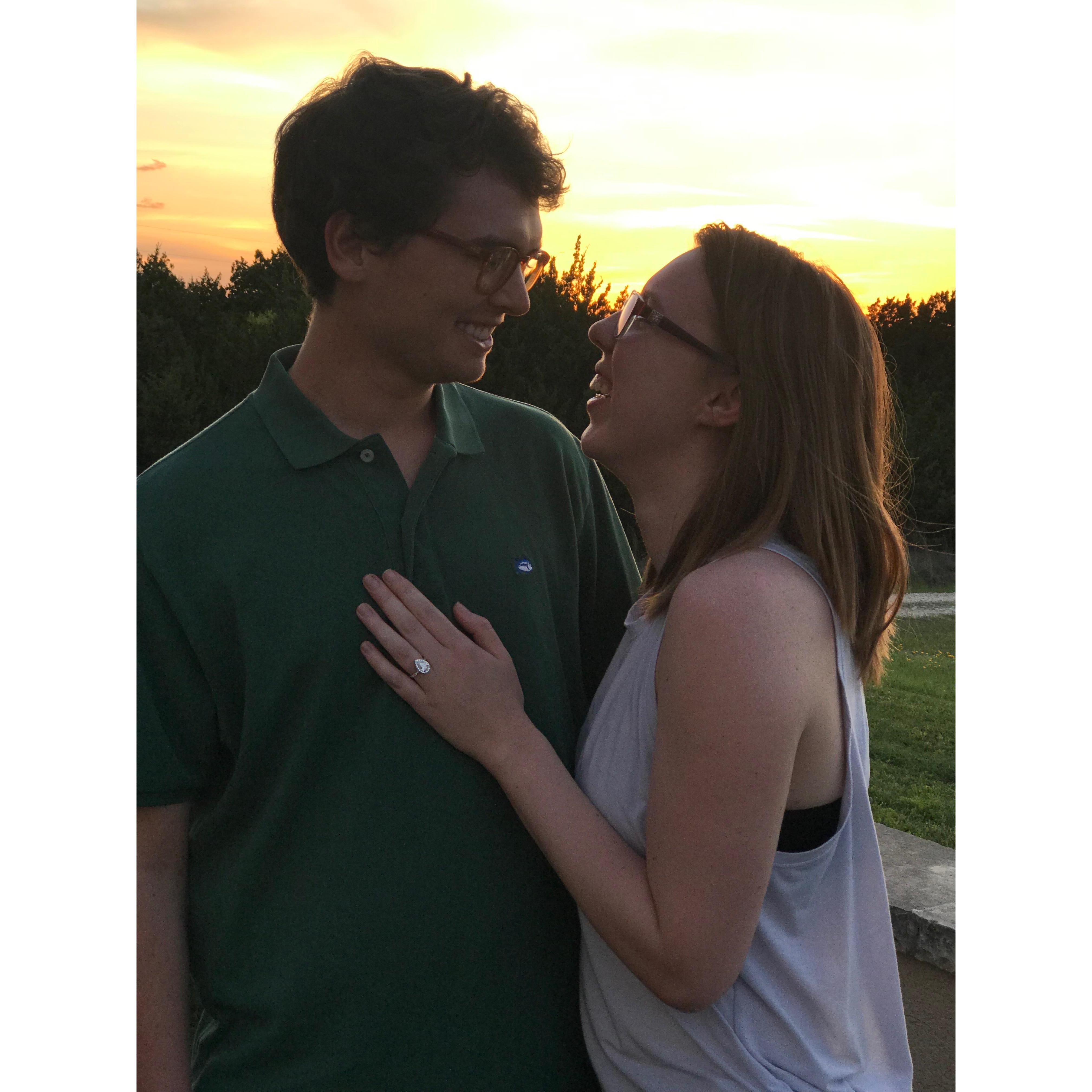 Austin surprised Emily with a sunset proposal on April 8, 2020, their 4 year anniversary at his parent's ranch in Hico, TX.