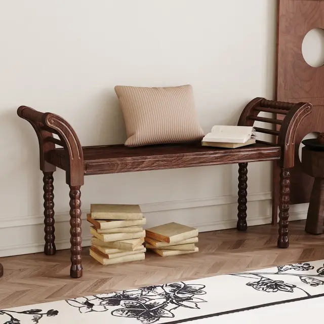 Elegant Retro Style Bench with Turned Legs, Bed End Bench for Bedroom or Living Room Decor, Walnut - ModernLuxe