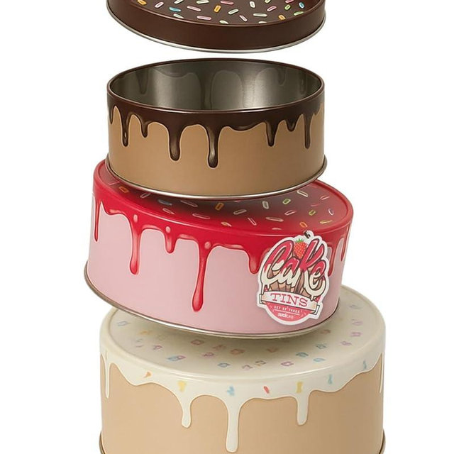 Suck UK Cookie Tin - Round Cake Tins with Lids - Novelty Cookies Jar - Cake Storage Container - Air Tight Birthday Cookie Box - Kitchen Storage Tins - Large Stackable Metal Tin Nesting - Set of 3