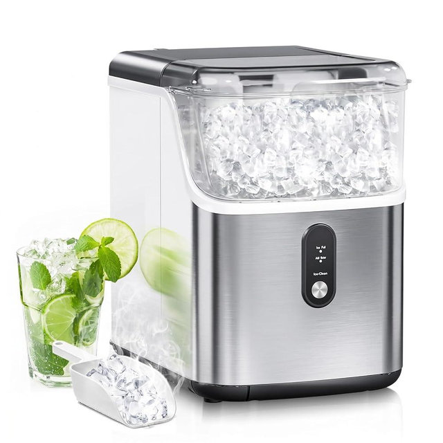 Erivess Nugget 33lbs/24H Ice Maker Countertop, Self-Cleaning, Portable Chewable & Crushed Ice Machine with Ice Scoop & Basket,Pebble Ice Maker for Home/Kitchen/Office,Silver (33lbs/Chewable Ice)