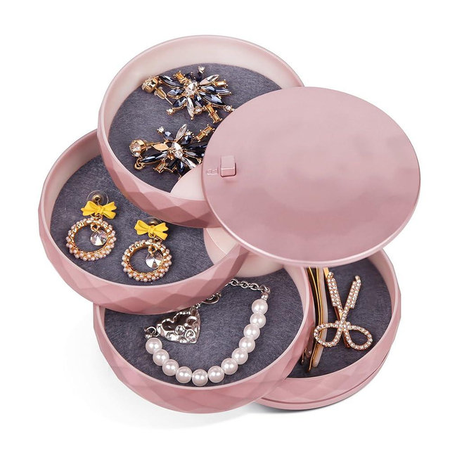 CONBOLA Travel Jewelry Case Box, Small Jewelry Organizer Earring Holder for Women, 5-Layer Rotating Jewelry Storage Tray with Lid for Bracelets Rings Bracelets