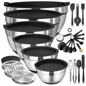 Umite Chef Mixing Bowls with Airtight Lids, 26Pcs Stainless Steel Bowls Set, 3 Grater Attachments & Black Non-Slip Bottoms Size 7, 4, 2.5, 2.0,1.5, 1QT, Great for Mixing & Serving