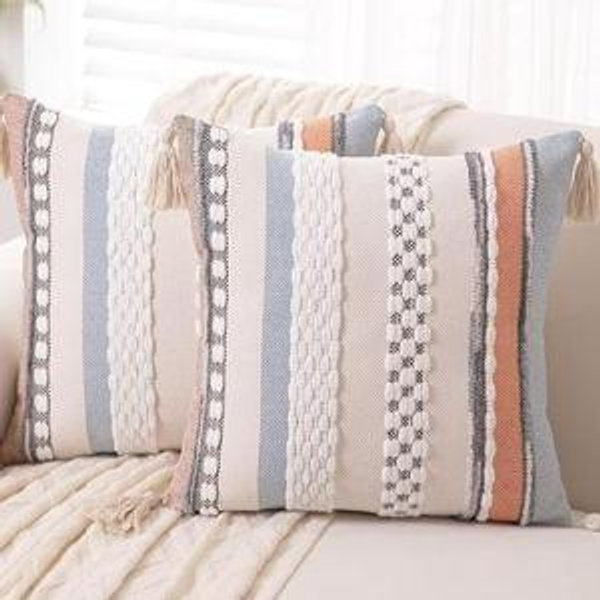 Boho Throw Pillow Covers 18x18 Set of 2 Woven Tufted Farmhouse Pillows Cover with Tassels Textured Striped Cushion Case Neutral Pillow Cases Decorative Pillowcase for Couch,Orange Blue