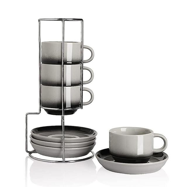 Sweejar Porcelain Espresso Cups with Saucers, 4 Ounce Stackable Cappuccino Cups with Metal Stand for Coffee Drinks, Latte, Tea - Set of 4 (Gradient Gray)