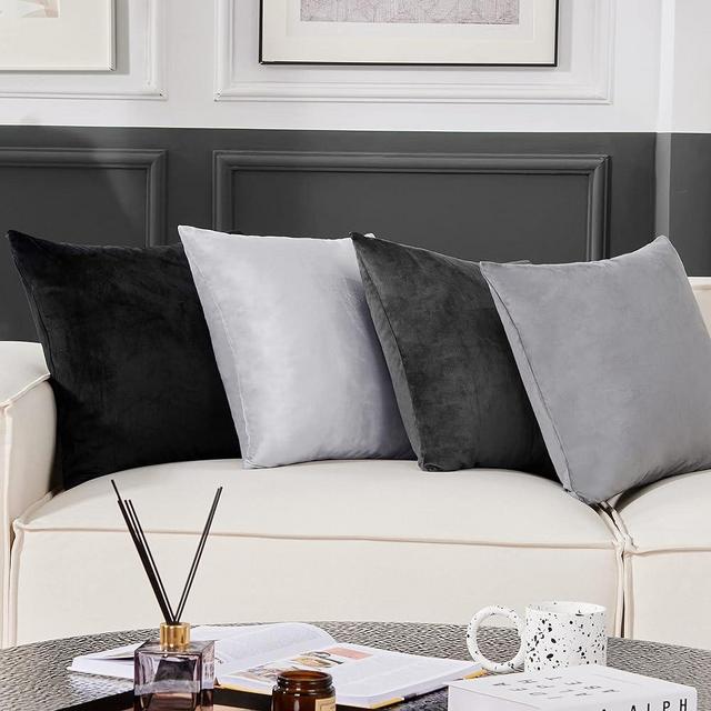 Deconovo Pillow Covers, 20 x 20 Inch, Velvet Throw Pillow Covers with Invisible Zipper, Set of 4, Solid Square Cushion Case for Home Office Sofa Bed Living Room Bedroom (Black/Grey)