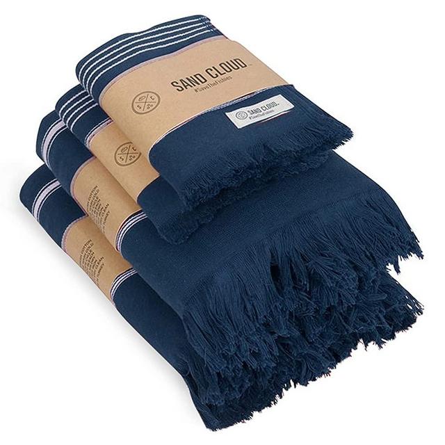 Sand Cloud Turkish Bath Towels Bundle for Bathroom, Set of 4 (Classic Navy) - Large Size - 100% Certified Organic Cotton Yarn is Lightweight, Soft & Absorbent - Premium Bath & Hand Towels Dry Faster