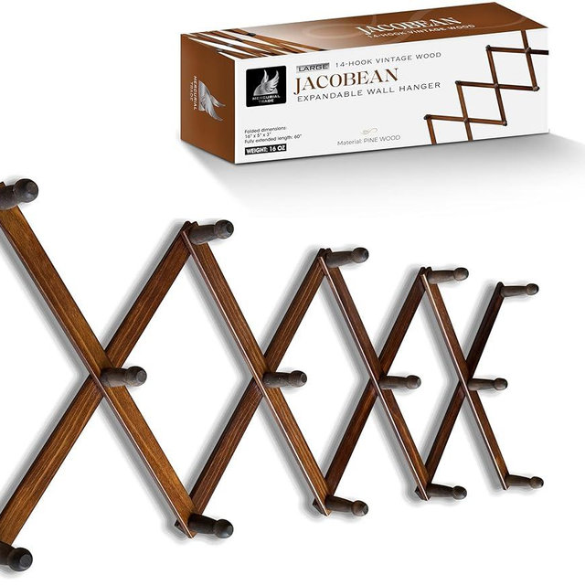 Mercurial Trade Expandable Wooden Coat Rack Hanger - Large Accordion Hanger with Expanding Pegs | Hand Made Rustic Wooden Hat Rack for Wall | Hang Coat, Jacket, Hat | Wall Rack – 14 Hook, Jacobean
