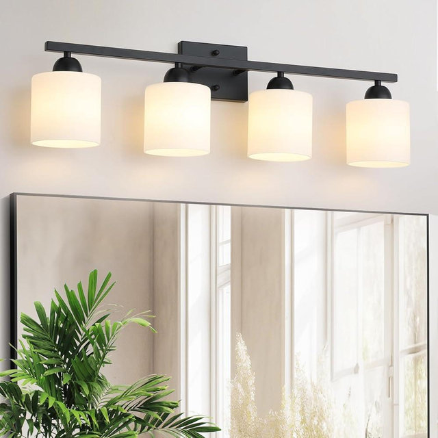 Mecgirn Milk Glass Bathroom Vanity Light Over Mirror, 4 Light Matte Black Bathroom Light Fixtures with Frosted Glass, Modern Vanity Lighting Wall Mount