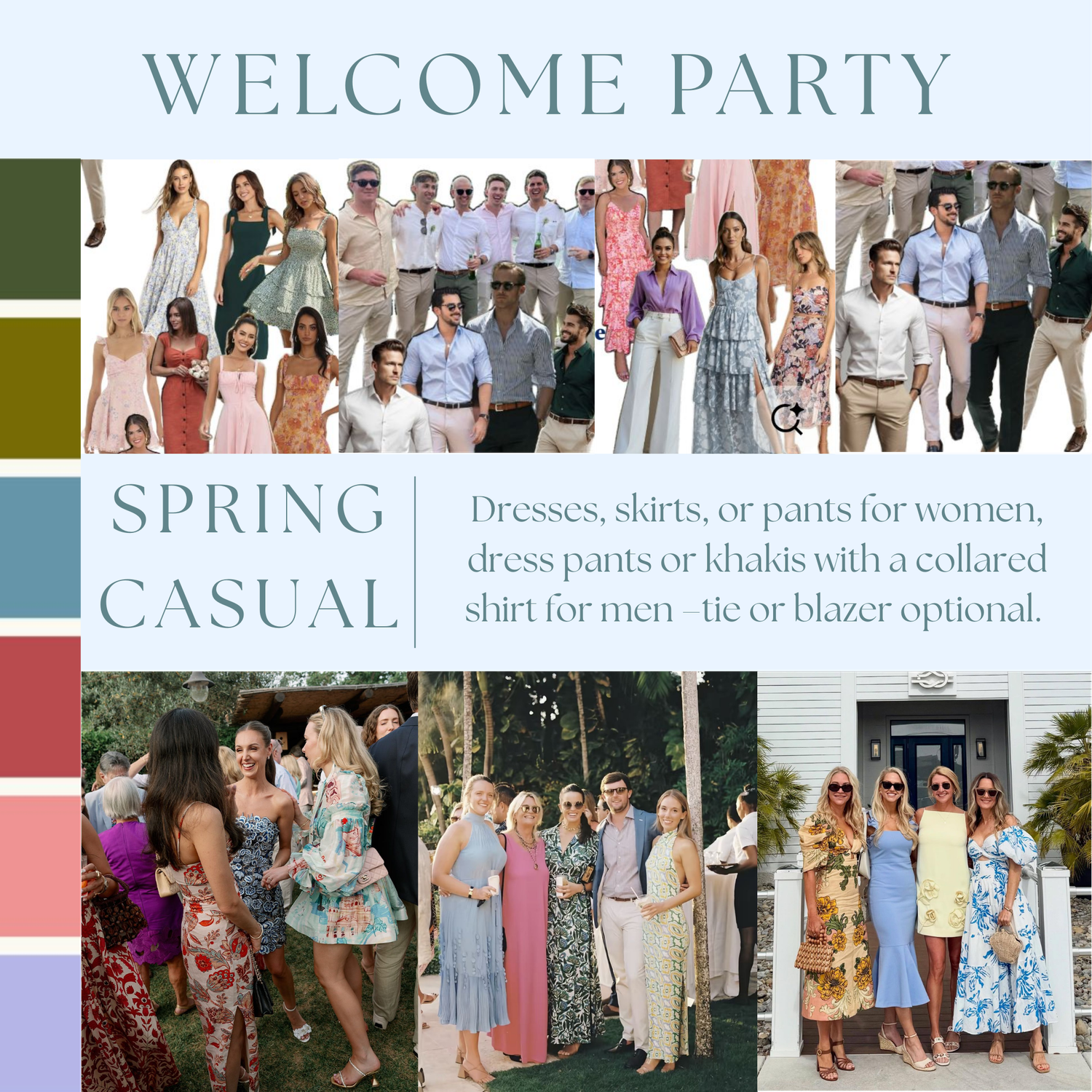 Dresses, skirts, or pants for women, dress pants or khakis with a collared shirt for men. Please see the Pinterest board linked here for additional inspiration: https://pin.it/5UQuDhcO8