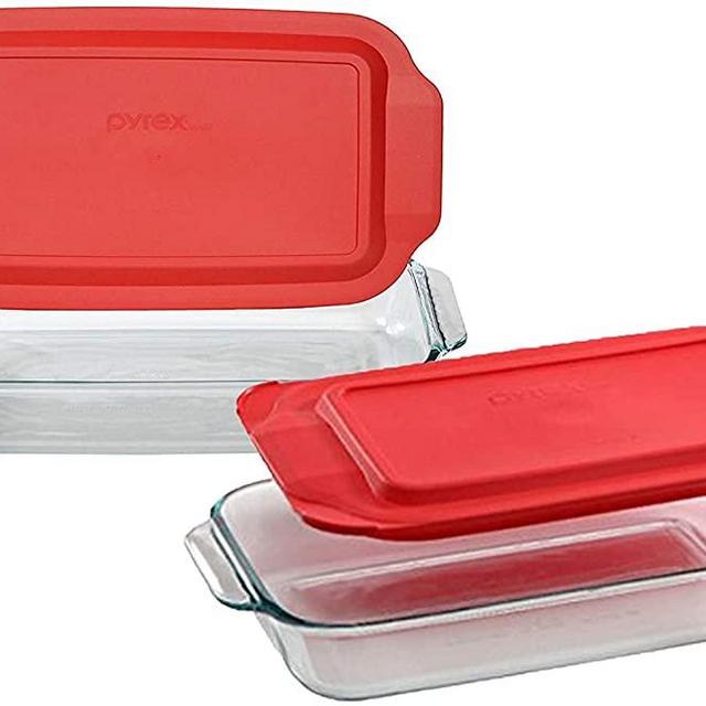 Pyrex Basics 3 and 4.8 Quart Glass Oblong Baking Dish with Red Plastic Lid