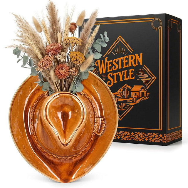 Cowboy Hat Vase for Wall | Large Size 11.8" | Ceramic Cowboy Hanging Planter for Indoor | Vintage Western Home Decor for Bathroom & Bedroom | Wall Mounted Flower Vase | Boho & Country Home Decor
