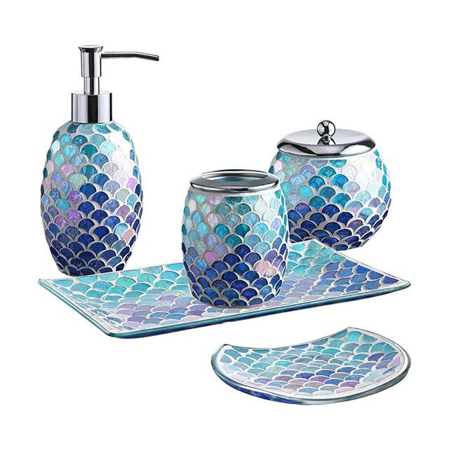 WHOLE HOUSEWARES 5-Pieces Bathroom Accessory Set Bright-Colored Mosaic Glass Bath Ensemble-Lotion Dispenser/Toothbrush Holder/Cotton Jar/Vanity Tray/Soap Dish(Mermaid)