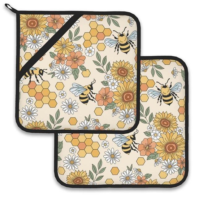 Retro Groovy Flower Bee Honeycomb Pot Holder Set of 2,Heat Resistant Potholders Oven Hot Pads for Kitchen Cooking Baking BBQ
