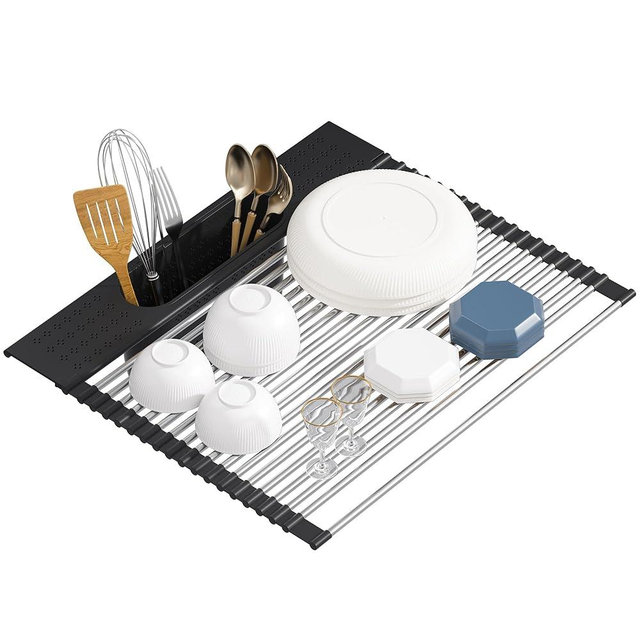 KEGFRES Roll Up Dish Drying Rack Over Sink, 17.5" x 15.2" Foldable SUS304 Stainless Steel Kitchen Dish Drainer, Heat-Resistant Multipurpose Rolling Sink Rack Organizer,Black
