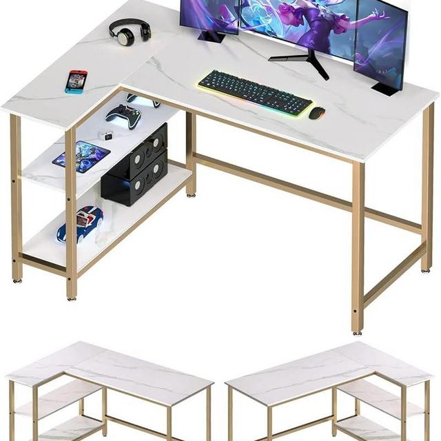 WOODYNLUX L Shaped Computer Desk - Home Office Desk with Shelf, Gaming Desk Corner Table for Work, Writing and Study, Space-Saving, White.