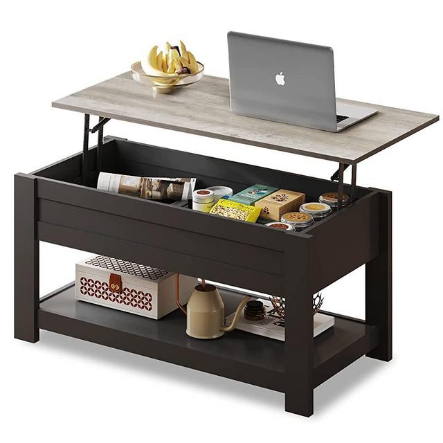 WLIVE Modern Lift Top Coffee Table,Rustic Coffee Table with Storage Shelf and Hidden Compartment,Wood Lift Tabletop for Home Living Room,Black,Greige.