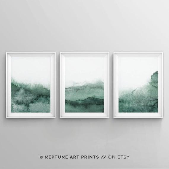 Sage Green Wall Art, Forest Green Printable Art, Watercolor Print, Watercolor Mountains, Mountain Wall Art, Nature Print, Abstract Artwork