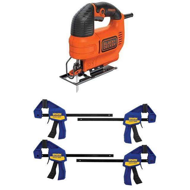 BLACK+DECKER Jig Saw, 4.5 -Amp with IRWIN QUICK-GRIP Clamps, One-Handed, Mini Bar, 6-Inch, 4-Pack (BDEJS300C & 1964758)