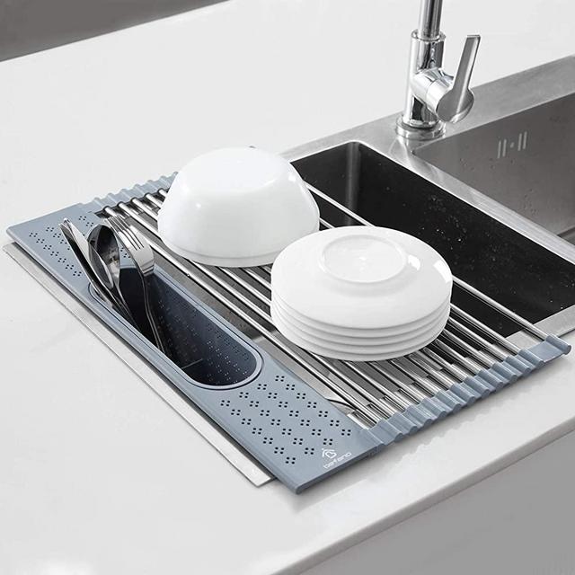 Befano Multipurpose Roll-Up Dish Drying Rack Over The Sink 17.5 x 11 inch Foldable Stainless Steel Kitchen Roll Up Dish Drying Rack with Utensil Holder for Kitchen Sink Dish Cup Plate Drainer, 1 Pack