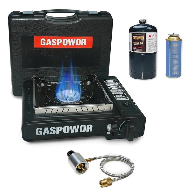 Propane or Butane Stove with Windblocker, 10,000 BTU Dual Fuel Propane Stove for Camping, Automatic Ignition Gas Portable Stove with Propane Adapter Hose Carrying Case for Outdoor (Fuel Not Included)