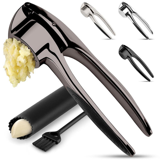 Zulay Kitchen Premium Garlic Press Set – Rust Proof & Dishwasher Safe Garlic Mincer Tool with Silicone Garlic Peeler & Brush, Easy Squeeze & Clean, Ergonomic Soft Grip Handle - Medium – Dark Gray